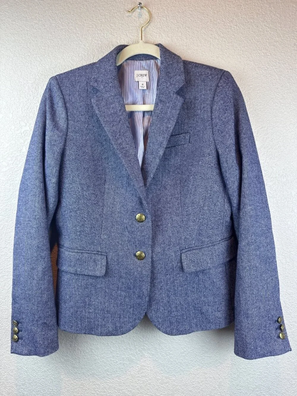 J.Crew Blue Herringbone Wool Blend Blazer Size 4 Gold Button Tailored Jacket - Picture 3 of 11